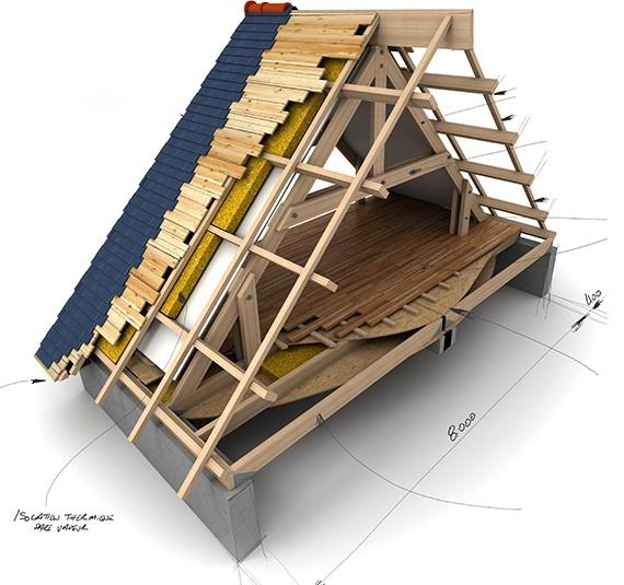 Dachstuhl-Aufbau — Zimmerei Hammoud Wolfsburg Aufbau eines Dachstuhls in Holzrahmenbauweise — Schnittdarstellung der Zimmerei Hammoud